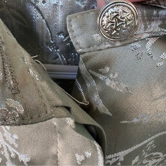 SILVER Lamé SILK OLIVE GREEN BUTTON DOWN OVERSIZED WHIMSIGOTH BLOUSE SMALL NEW - Picture 10 of 11